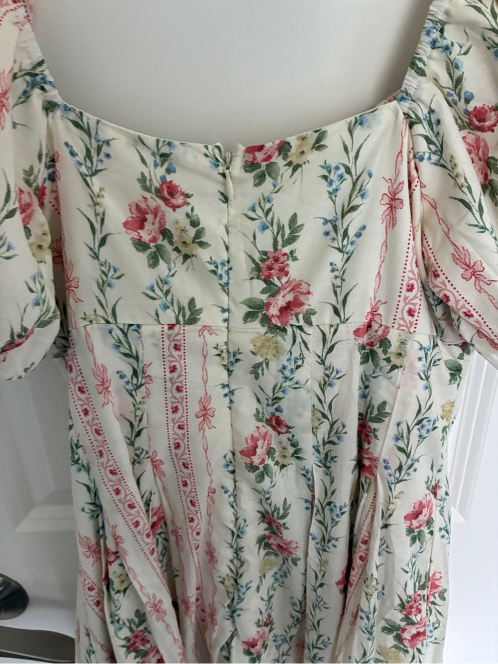 NWT 100% cotton Storia Cream and Pink Floral Puff-Sleeve Midi Dress - Picture 8 of 11
